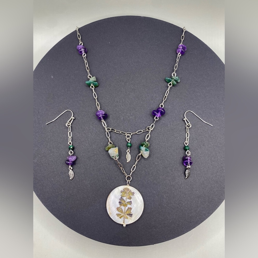 💜🌱Amethyst Green Jasper Malachite Ornamental Sage Necklace Earring Set